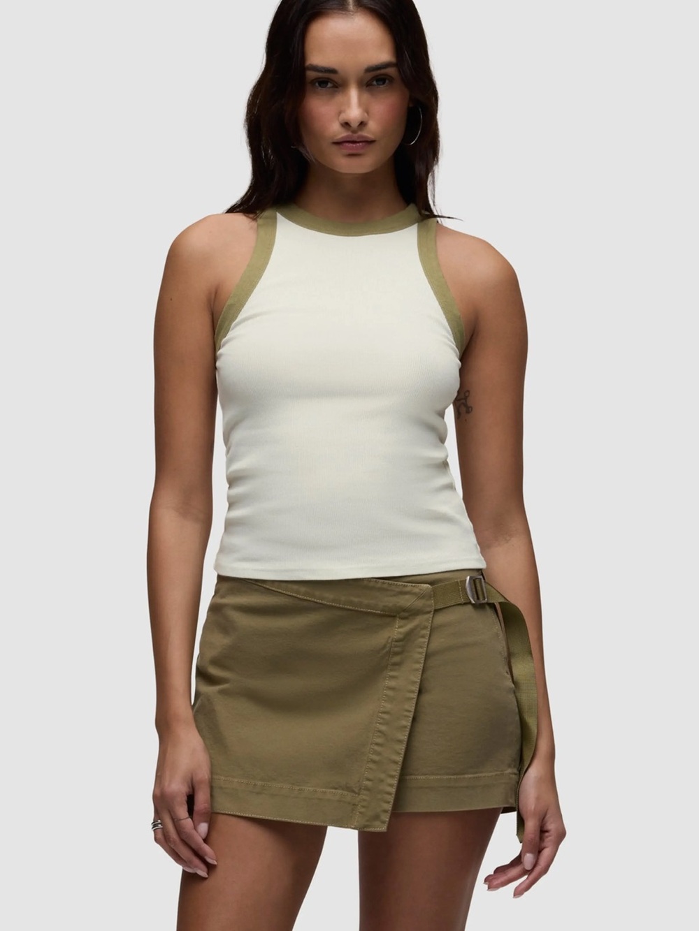 Hudson Jeans White Ribbed Tank with Olive Trim